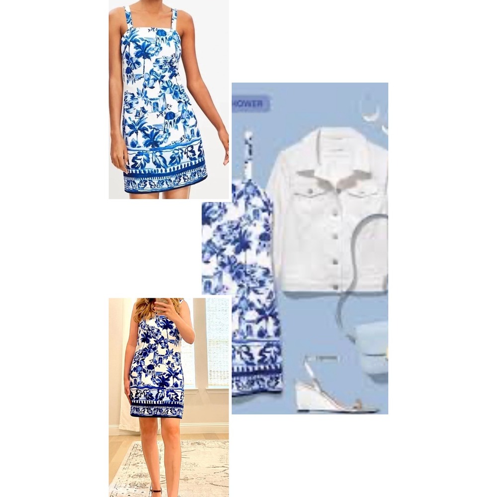 Loft Blue White Toile Palm Tree Linen Blend Shift Dress 16T Tall Coastal Summer
